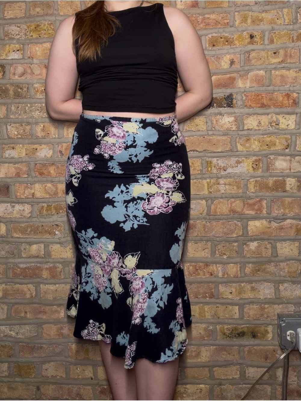 Emma James Black Floral Midi Mermaid Skirt with Pastel Blooms